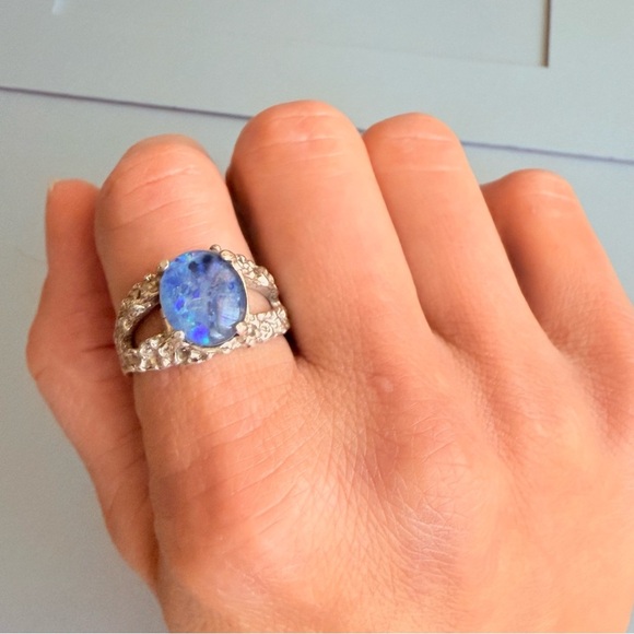 Fire Opal Doublet Artisan Made Textured Unisex Ring in Sterling Silver, … - Picture 8 of 10